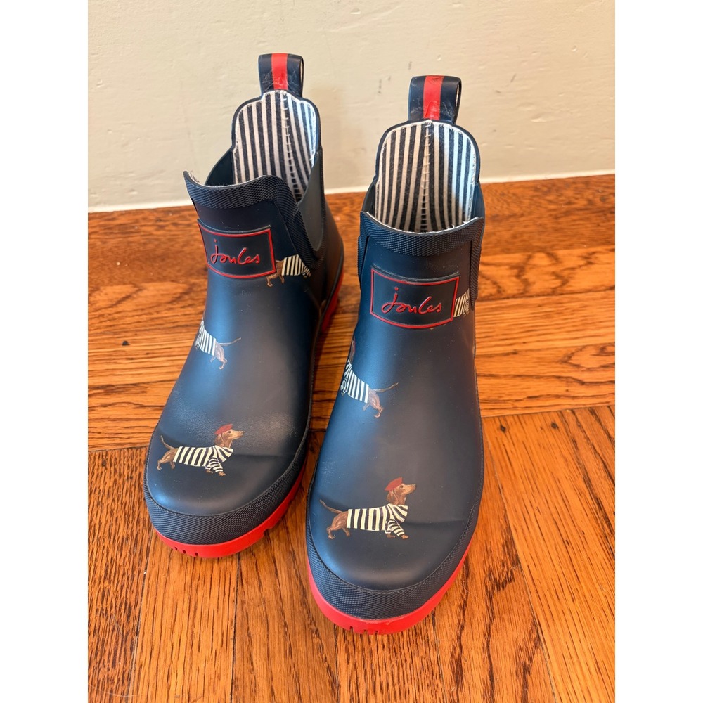 Joules Wellibob Dachshund Dog Rain Boots Navy Red Chelsea Wellies Womens 6
